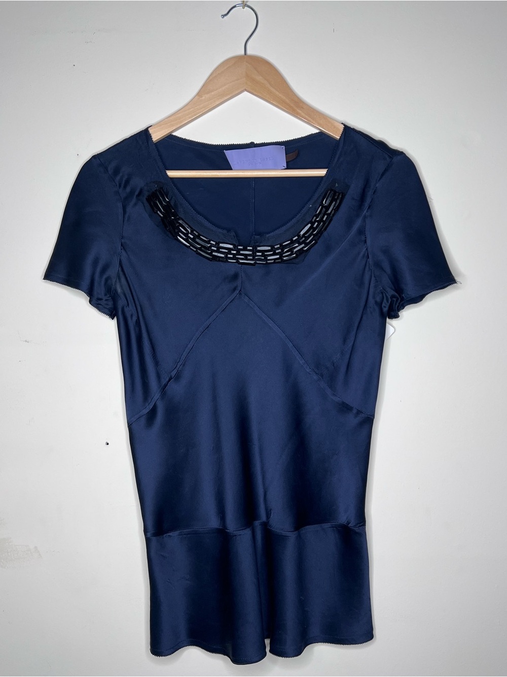 Women’s Navy Short-Sleeve Embellished Neck Top